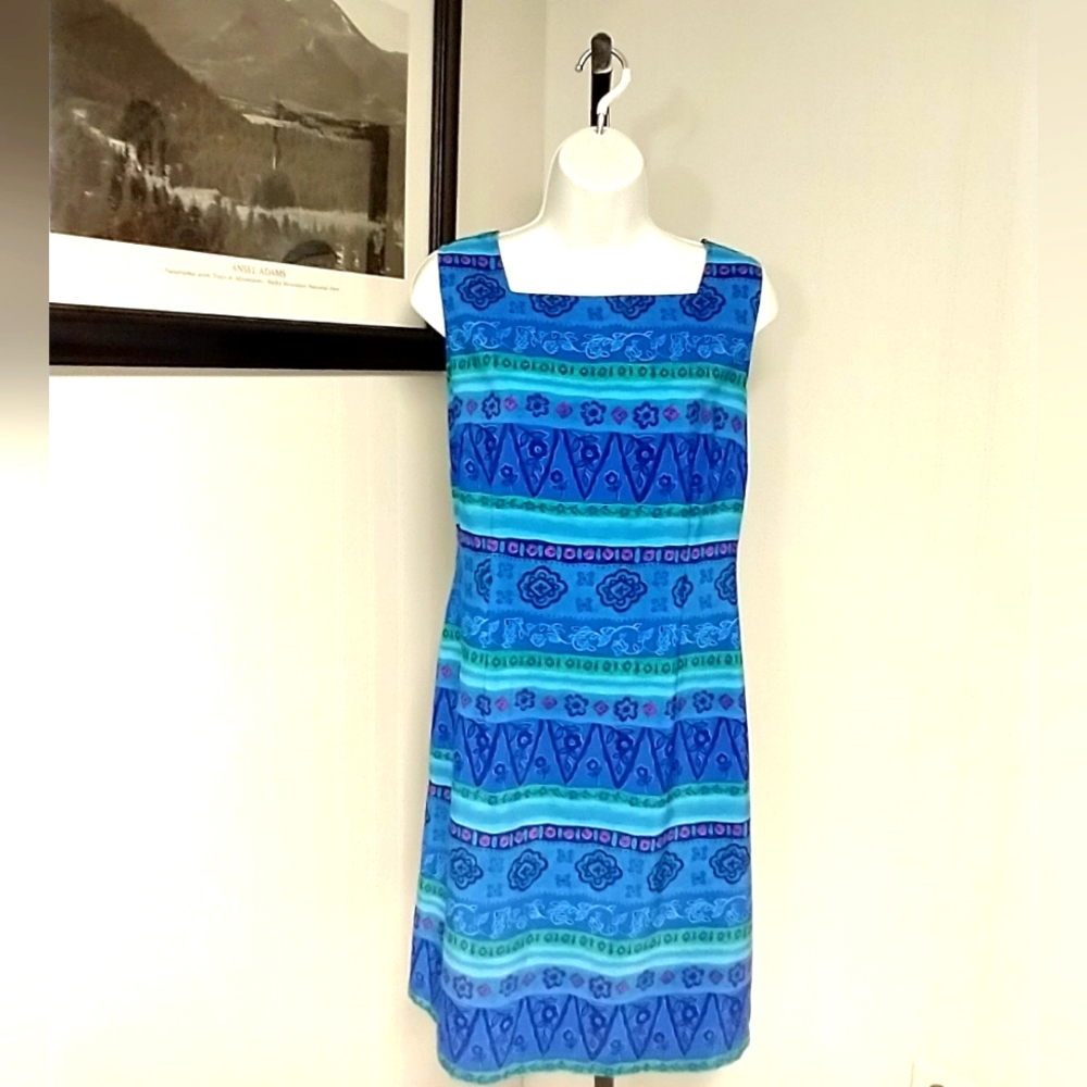 Sag Harbor Sleeveless Petite Shift Floral Blue & Green Dress Size 12P  EUC